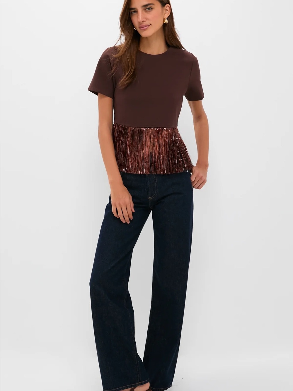 Bronze Metallic Fringe Francie Short Sleeve Blouse